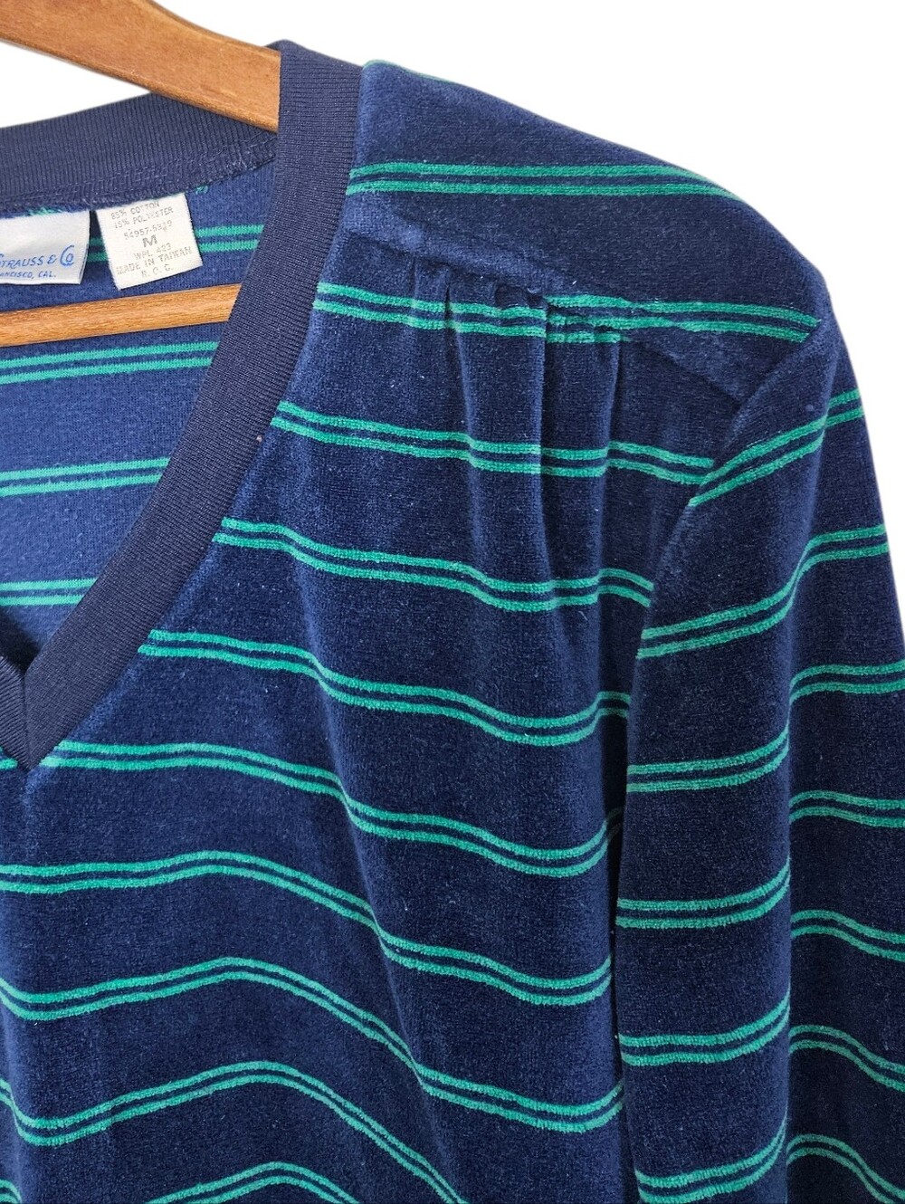 Vintage 80s Levi Strauss & Company Navy Velour V-Neck with Teal Stripes, Medium - Picture 5 of 6